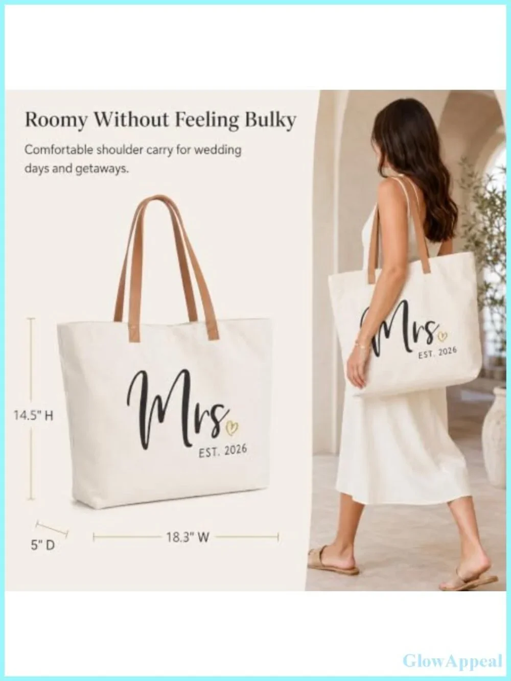 Bridal Tote Bag with Zipper, Canvas Leatherette Handles, Wedding Gifts